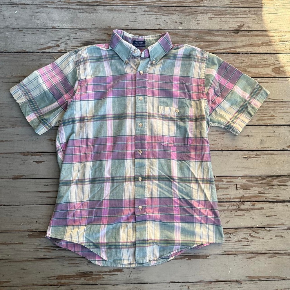 Vintage India Madras Plaid Shirt Mens M Short Sleeve Button Down Made in USA